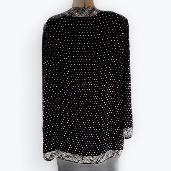 Vintage Pearl & Sequin Black Silk Jacket Open-Front or Hook & Eye Closure ~ 2X - Picture 3 of 17